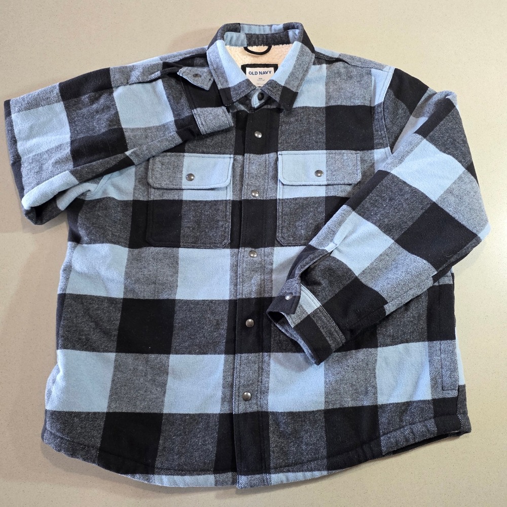 Old Navy Mens XXL Sherpa Lined Flannel Shirt Jacket Blue Black Buffalo Plaid